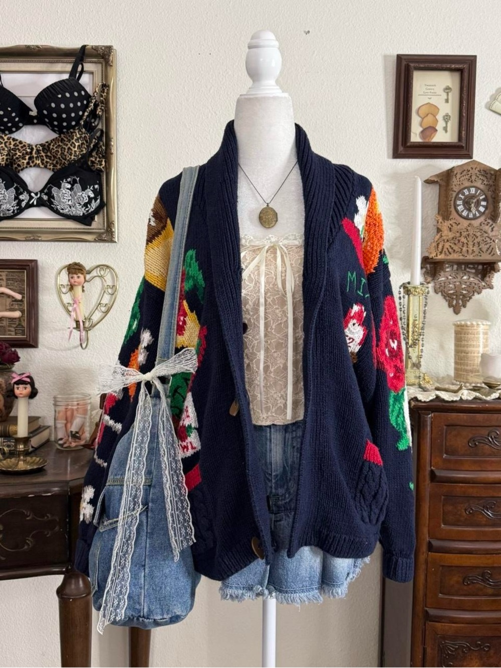 Vintage 90’s football themed novelty cozy whimsical quirky hand knit cardigan